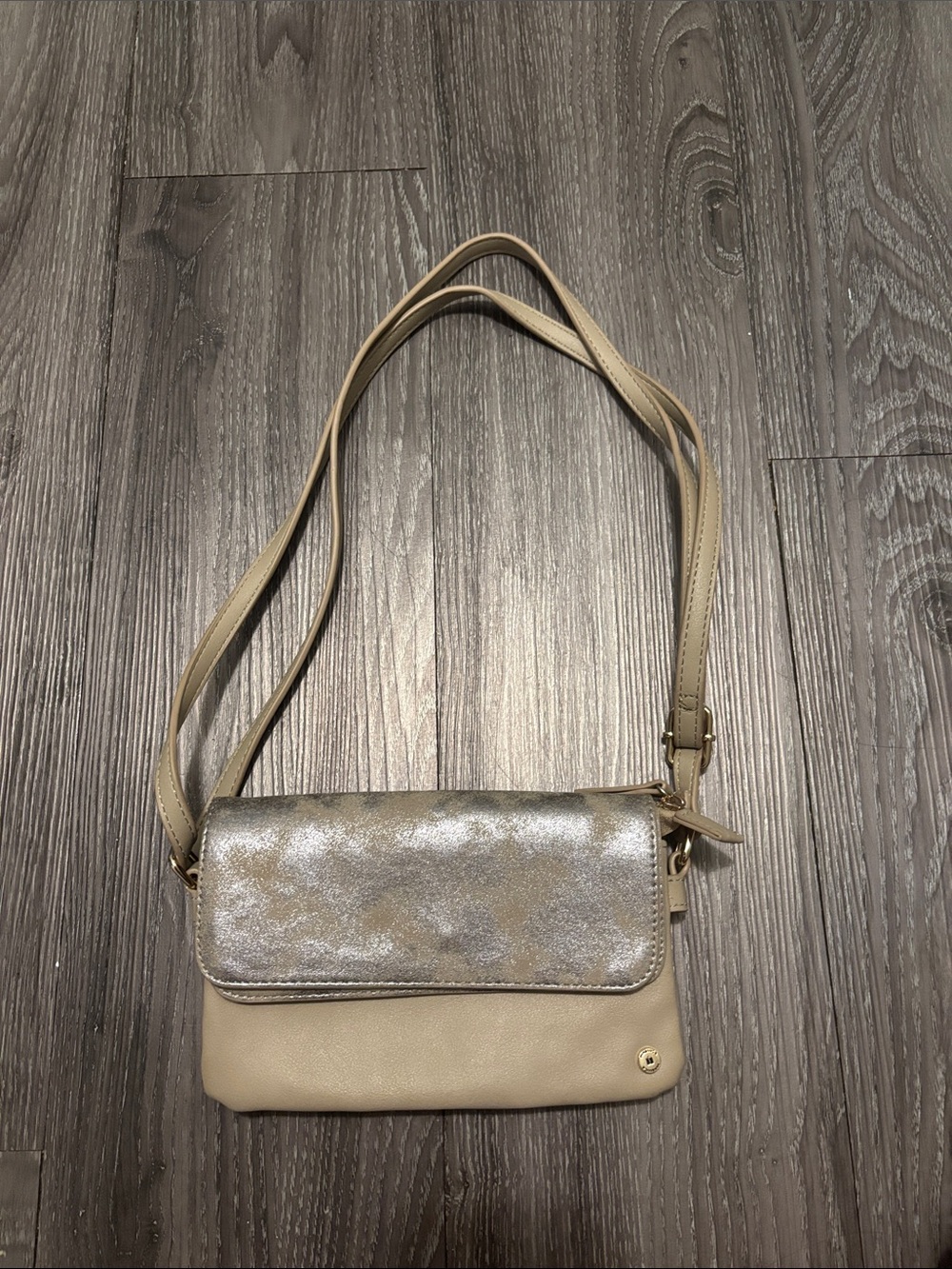 Beige Crossbody Bag with Metallic Silver Flap